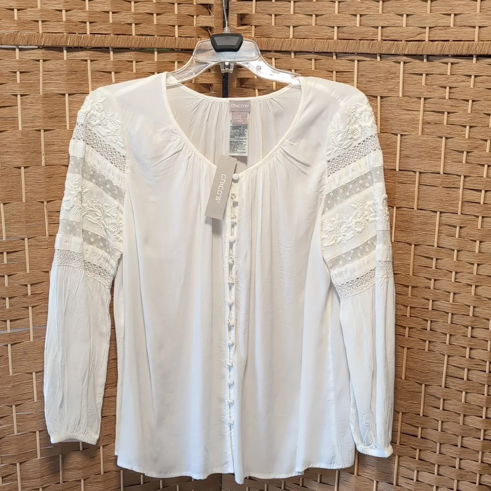 Chico’s Boho Embroidered White Blouse Sheer Lace Sleeves NWT - Picture 2 of 5